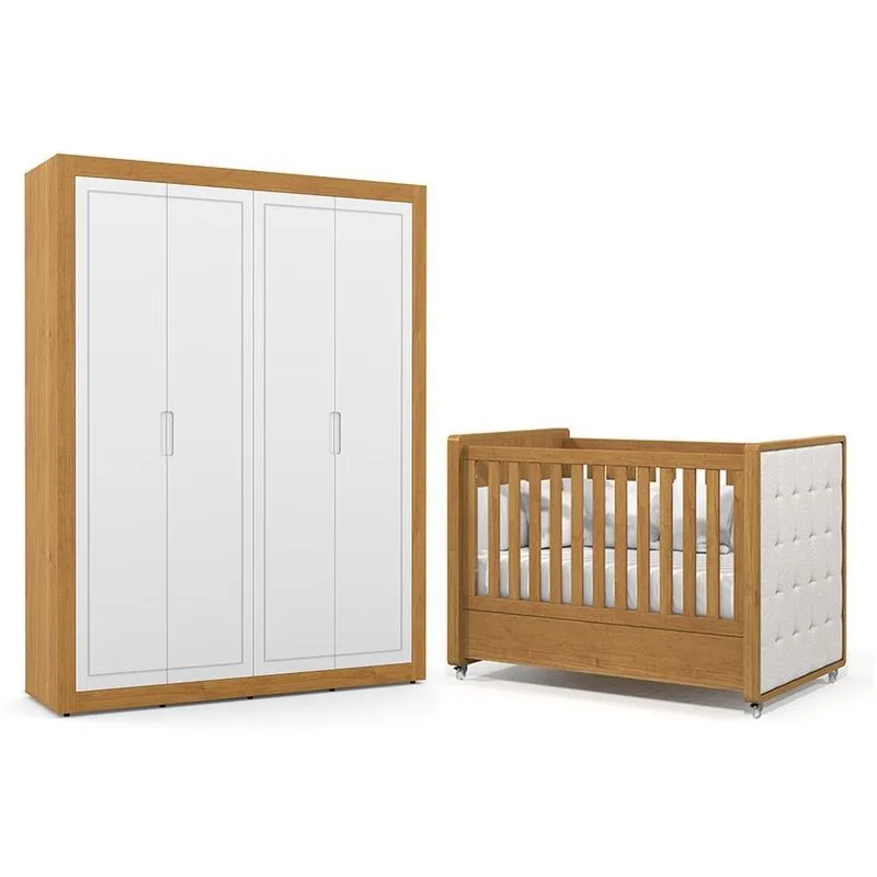 Jogo de Quarto Infantil Tutto New Guarda Roupa 4 Portas e Berço com Capitonê - Matic Móveis Freijó/Branco Soft