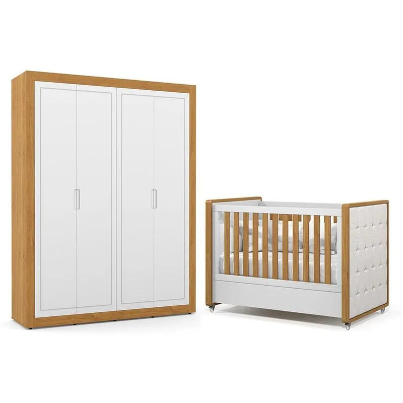Jogo de Quarto Infantil Tutto New Guarda Roupa 4 Portas e Berço com Capitonê - Matic Móveis Branco Soft/Freijó