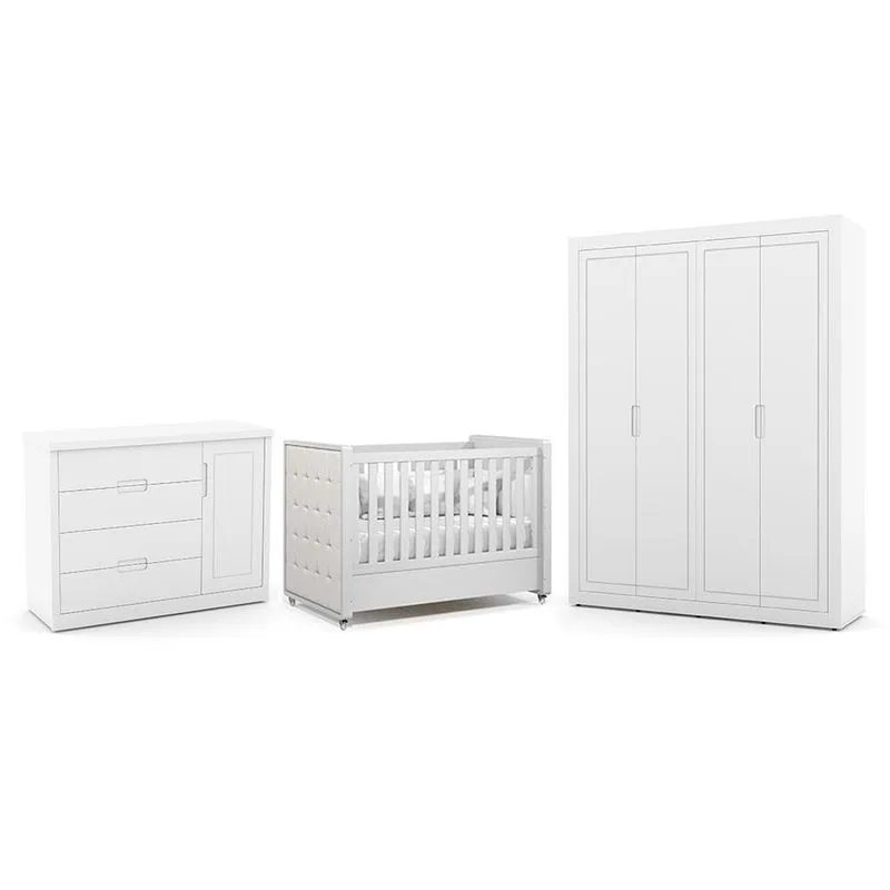 Dormitório Tutto New 4 Portas, Cômoda 1 Porta e Berço com Capitonê - Matic Móveis Branco Soft