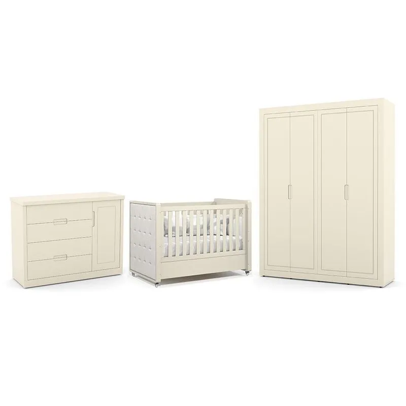 Dormitório Tutto New 4 Portas, Cômoda 1 Porta e Berço com Capitonê - Matic Móveis Off White