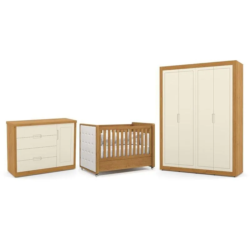 Dormitório Tutto New 4 Portas, Cômoda 1 Porta e Berço com Capitonê - Matic Móveis Freijó/Off White