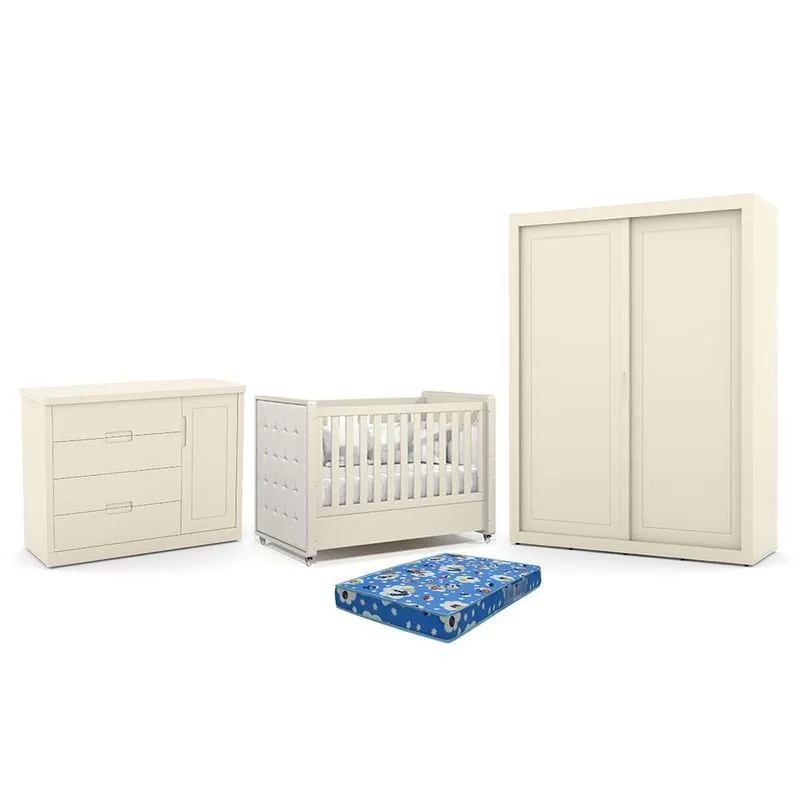 Dormitório Tutto New 2 Portas, Cômoda 1 Porta e Berço com Capitonê e Colchão Physical - Matic Móveis Off White
