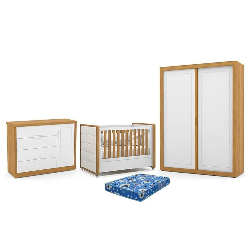 Dormitório Tutto New 2 Portas, Cômoda 1 Porta e Berço com Capitonê e Colchão Physical - Matic Móveis Branco Soft/Freijó