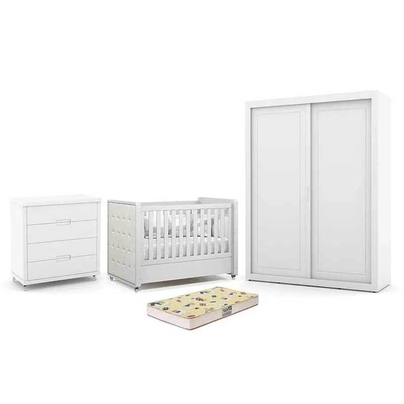Dormitório Tutto New 2 Portas, Cômoda 4 Gavetas e Berço com Capitonê e Colchão Supreme - Matic Móveis Branco Soft