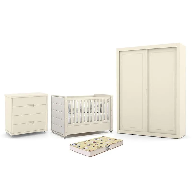Dormitório Tutto New 2 Portas, Cômoda 4 Gavetas e Berço com Capitonê e Colchão Supreme - Matic Móveis Off White