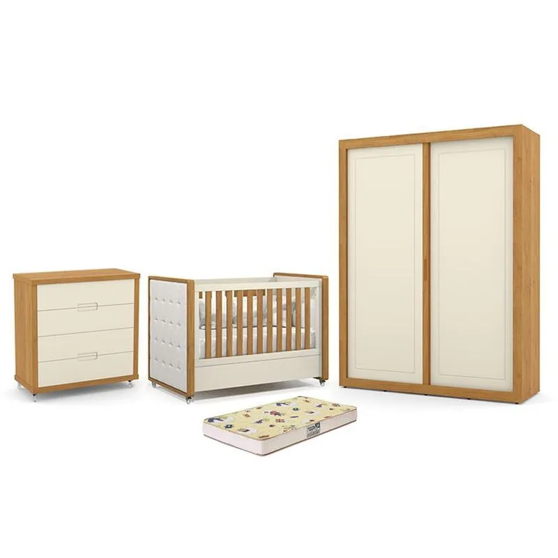 Dormitório Tutto New 2 Portas, Cômoda 4 Gavetas e Berço com Capitonê e Colchão Supreme - Matic Móveis Off White/Freijó