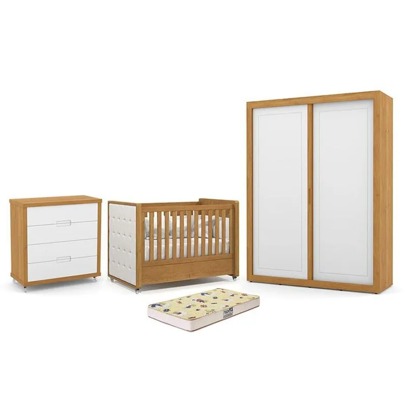 Dormitório Tutto New 2 Portas, Cômoda 4 Gavetas e Berço com Capitonê e Colchão Supreme - Matic Móveis Freijó/Branco Soft