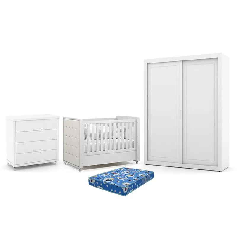Dormitório Tutto New 2 Portas, Cômoda 4 Gavetas e Berço com Capitonê e Colchão Physical - Matic Móveis Branco Soft