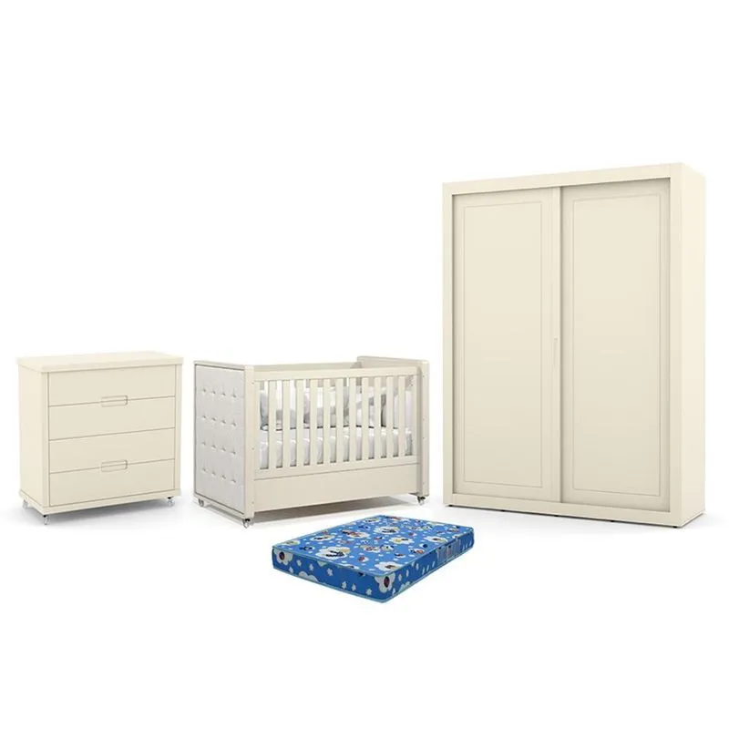 Dormitório Tutto New 2 Portas, Cômoda 4 Gavetas e Berço com Capitonê e Colchão Physical - Matic Móveis Off White