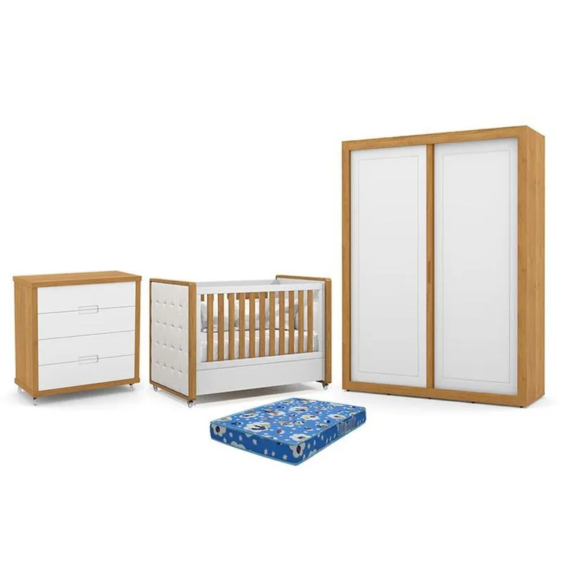 Dormitório Tutto New 2 Portas, Cômoda 4 Gavetas e Berço com Capitonê e Colchão Physical - Matic Móveis Branco Soft/Freijó