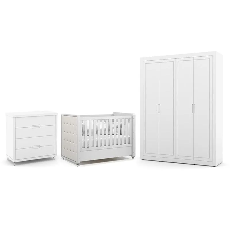Dormitório Tutto New 4 Portas, Cômoda 4 Gavetas e Berço com Capitonê - Matic Móveis Branco Soft
