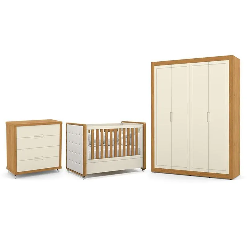 Dormitório Tutto New 4 Portas, Cômoda 4 Gavetas e Berço com Capitonê - Matic Móveis Off White/Freijó