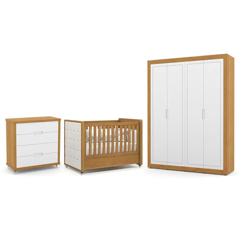 Dormitório Tutto New 4 Portas, Cômoda 4 Gavetas e Berço com Capitonê - Matic Móveis Freijó/Branco Soft