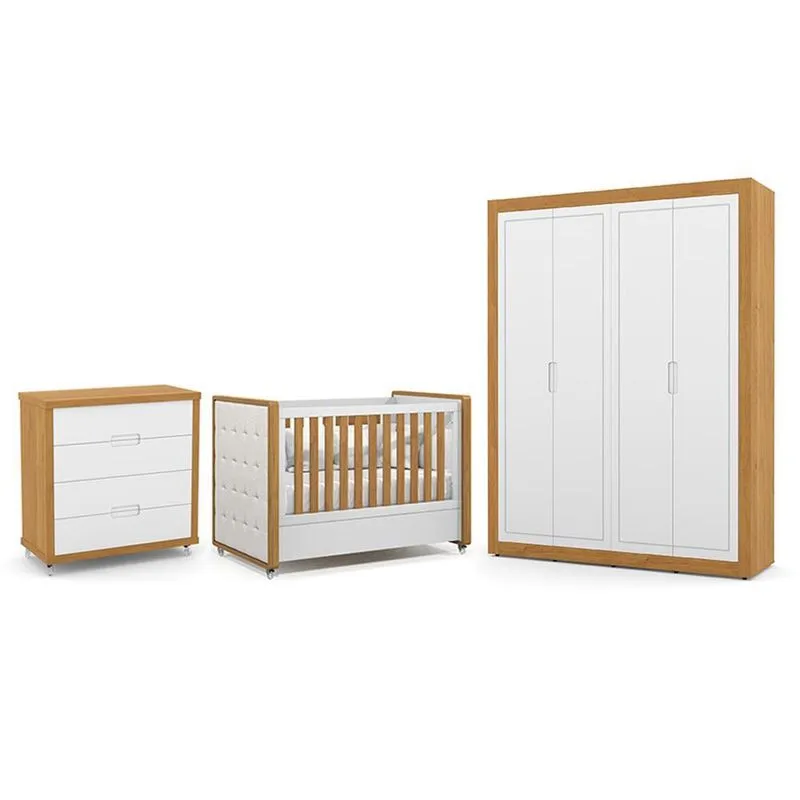 Dormitório Tutto New 4 Portas, Cômoda 4 Gavetas e Berço com Capitonê - Matic Móveis Branco Soft/Freijó