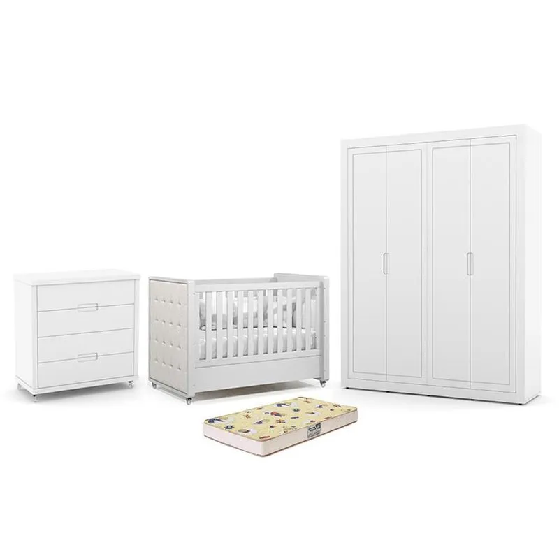 Dormitório Tutto New 4 Portas, Cômoda 4 Gavetas e Berço com Capitonê e Colchão Supreme - Matic Móveis Branco Soft