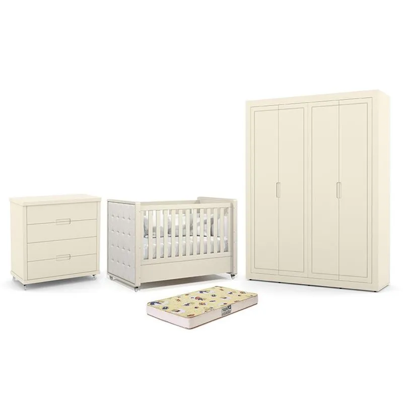 Dormitório Tutto New 4 Portas, Cômoda 4 Gavetas e Berço com Capitonê e Colchão Supreme - Matic Móveis Off White