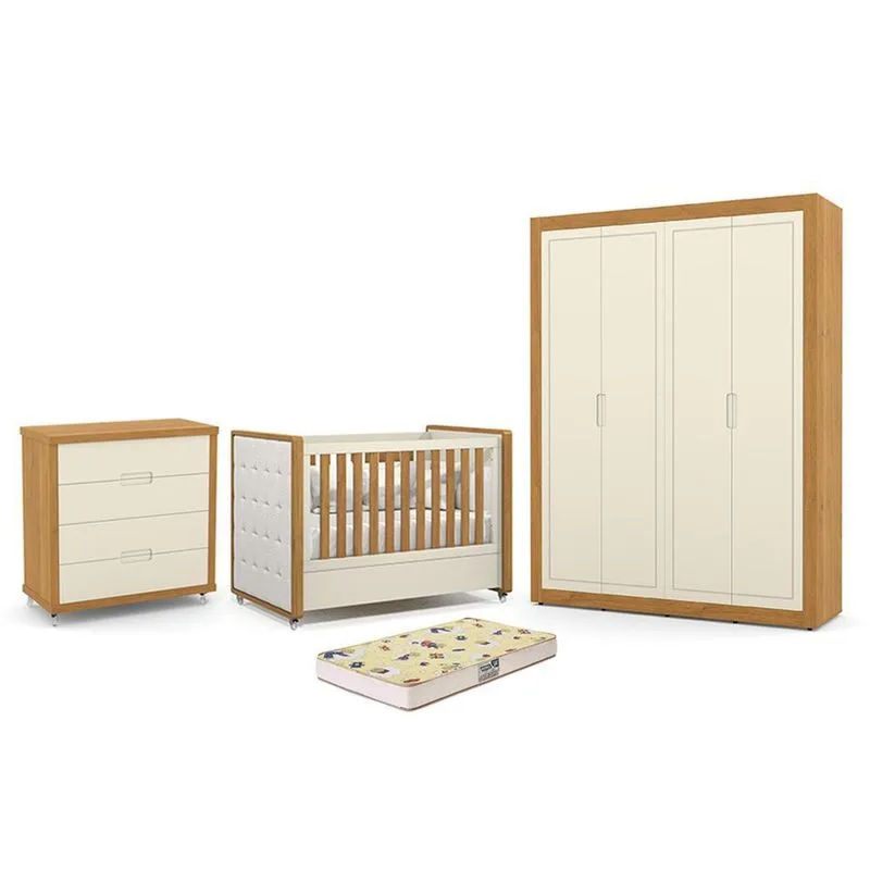 Dormitório Tutto New 4 Portas, Cômoda 4 Gavetas e Berço com Capitonê e Colchão Supreme - Matic Móveis Off White/Freijó