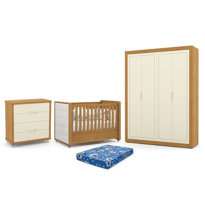 Dormitório Tutto New 4 Portas, Cômoda 4 Gavetas e Berço com Capitonê e Colchão Physical - Matic Móveis Freijó/Off White