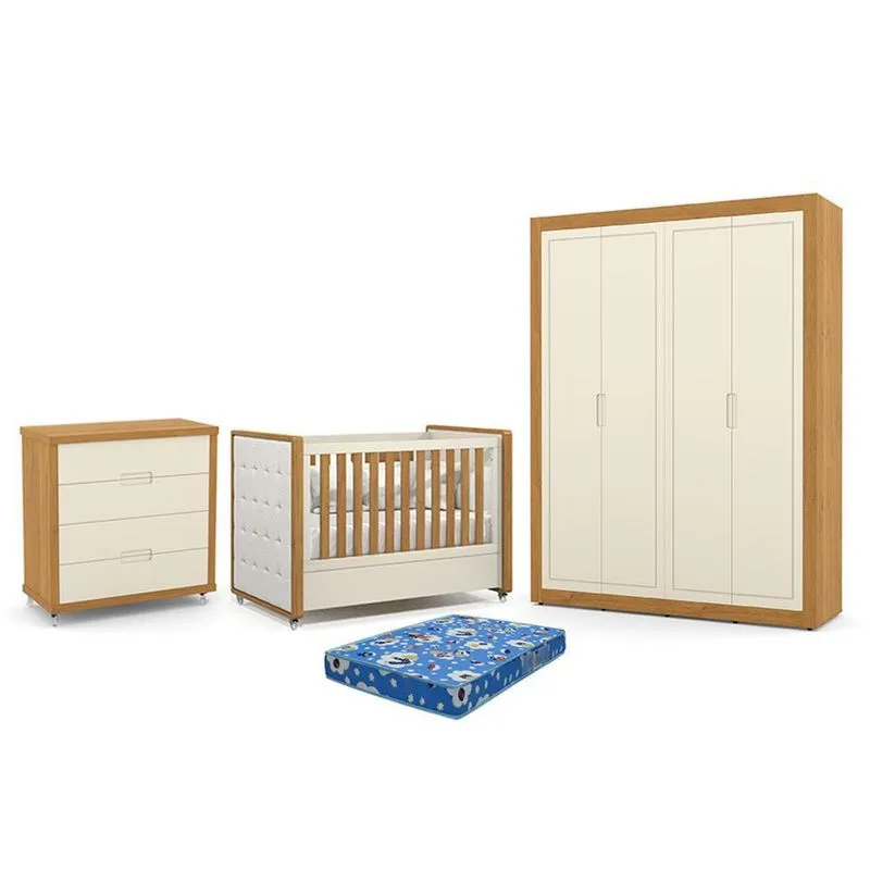 Dormitório Tutto New 4 Portas, Cômoda 4 Gavetas e Berço com Capitonê e Colchão Physical - Matic Móveis Off White/Freijó