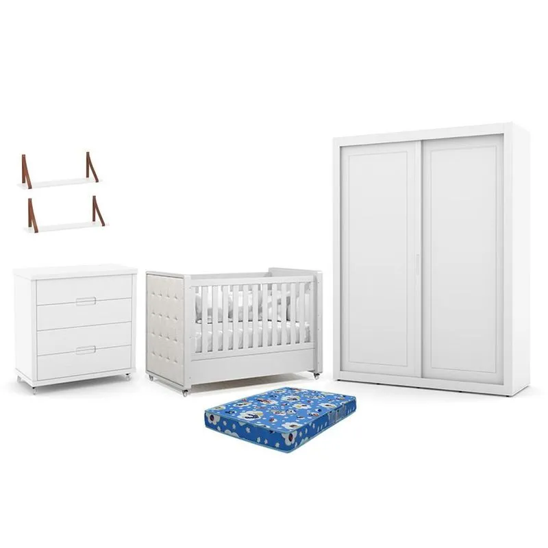 Dormitório Tutto 2 Portas, Cômoda, Berço com Capitonê, Colchão Physical e Prateleiras - Matic Móveis Branco Soft