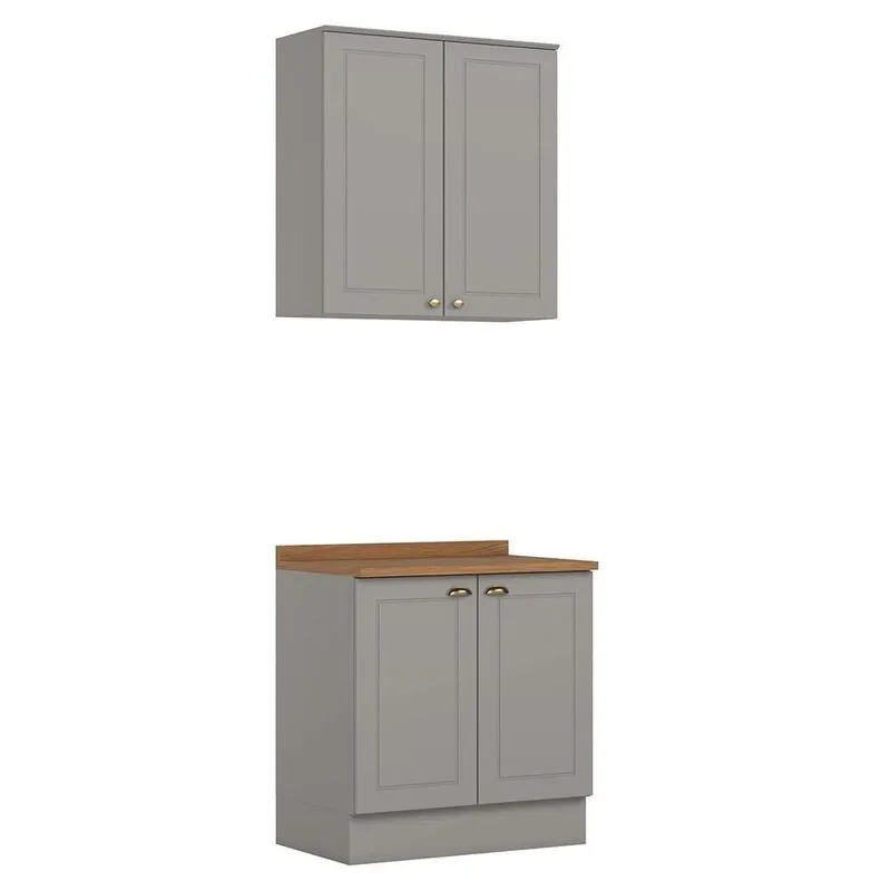 Cozinha Modulada Americana 2 Peças Aéreo E Balcão 80cm Cinza/nature Com Tampo Mdp - Móveis Henn Cinza/nature