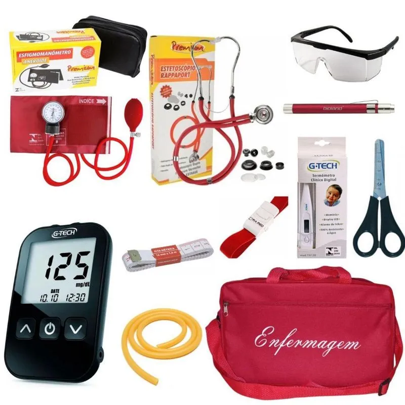 Kit De Enfermagem Vermelho Premium Com Medidor De Pressão E Glicossímetro