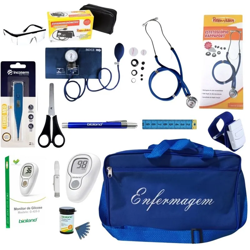 Kit De Enfermagem Azul Premium Com Medidor De Pressão Completo