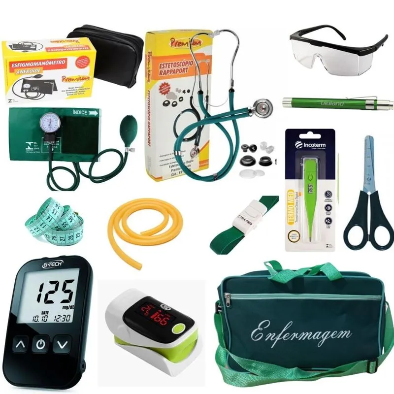 Kit Enfermagem Verde Aparelhos Pressão, Glicose E Batimentos