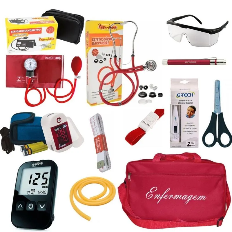 Kit Enfermagem Vermelho Aparelhos Pressão, Glicose E