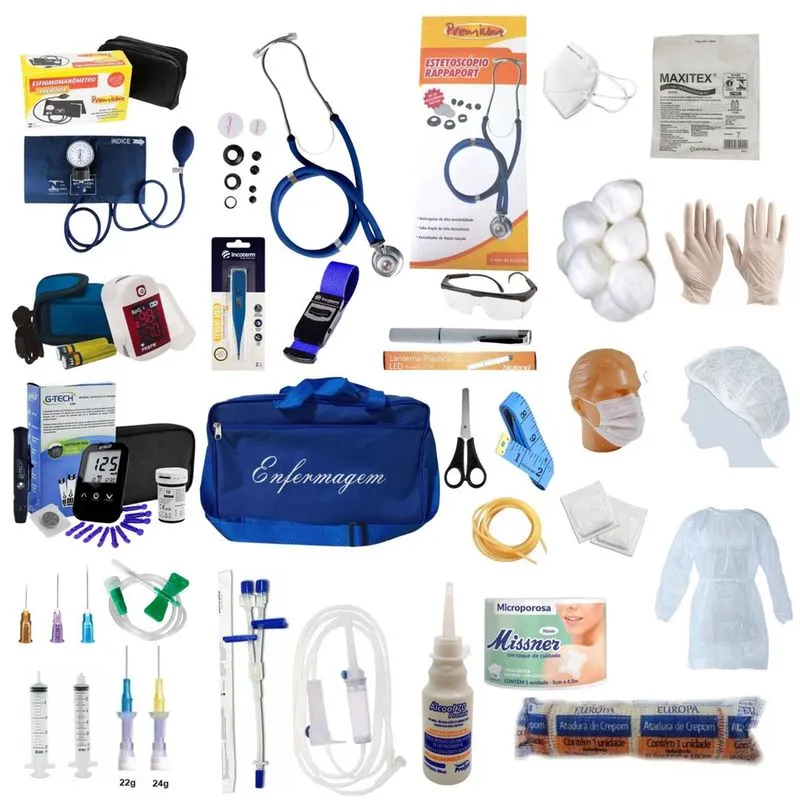 Kit Enfermagem Com 60 Itens Com Esteto E Esfigmo Completo Azul