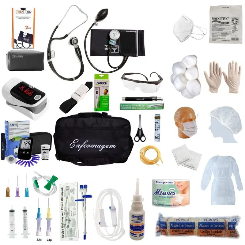 Kit Enfermagem Com 60 Itens Com Esteto E Esfigmo Completo Preto p. A Med