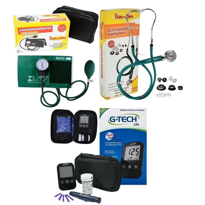 Kit Medidor De Glicose Pressão E Esteto Verde