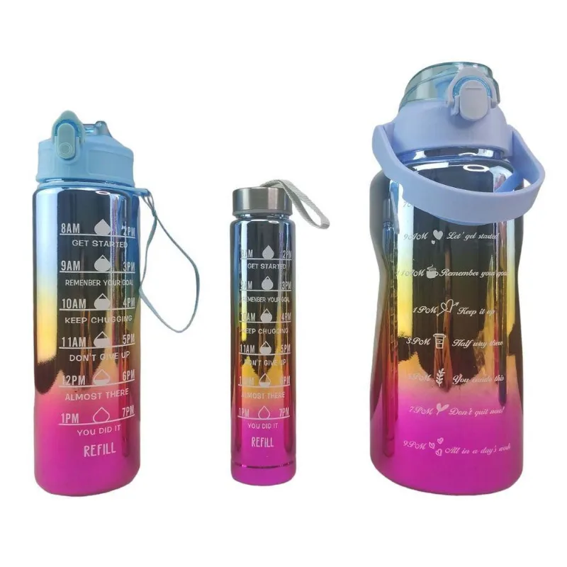 Garrafa Motivacional Metalica Kit 3 Uni Squeeze Cha Agua Com Medido Academia Treino Viagem Passeio E