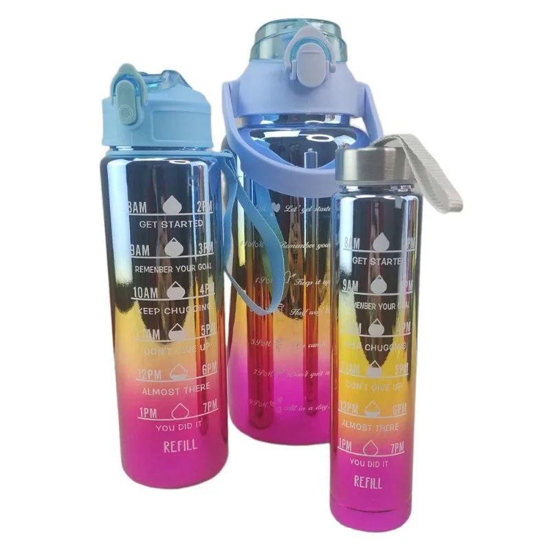 Garrafa Motivacional Metalica Com Medidor Kit 3 Uni Squeeze Agua Suco Academia Estudos Casa Curso