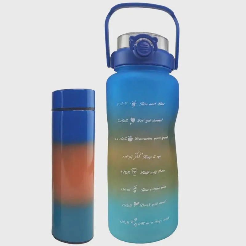 Garrafa Motivacional Squeeze Termica Kit 2 Uni Sensor Led Visor Temperatura Medidor Agua Cha Aço Inox Resistente Esporte Academia Trabalho Estudos Casa 2 Litros 500Ml