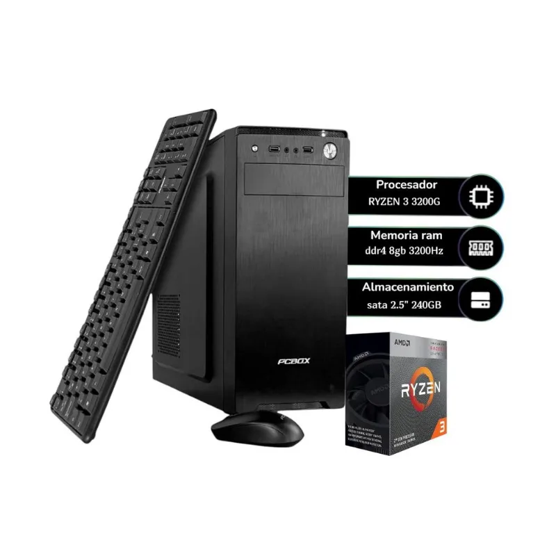 Pc Pcbox AMD ryzen 3 3200g, 8gb, ssd 240 gb, w11hsl, kit: teclado, mouse