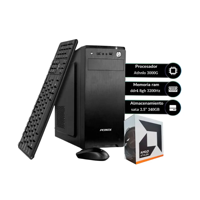 Pc Pcbox AMD athlon 3000g, 8gb, ssd 240 gb, kit: teclado, mouse, w11hsl