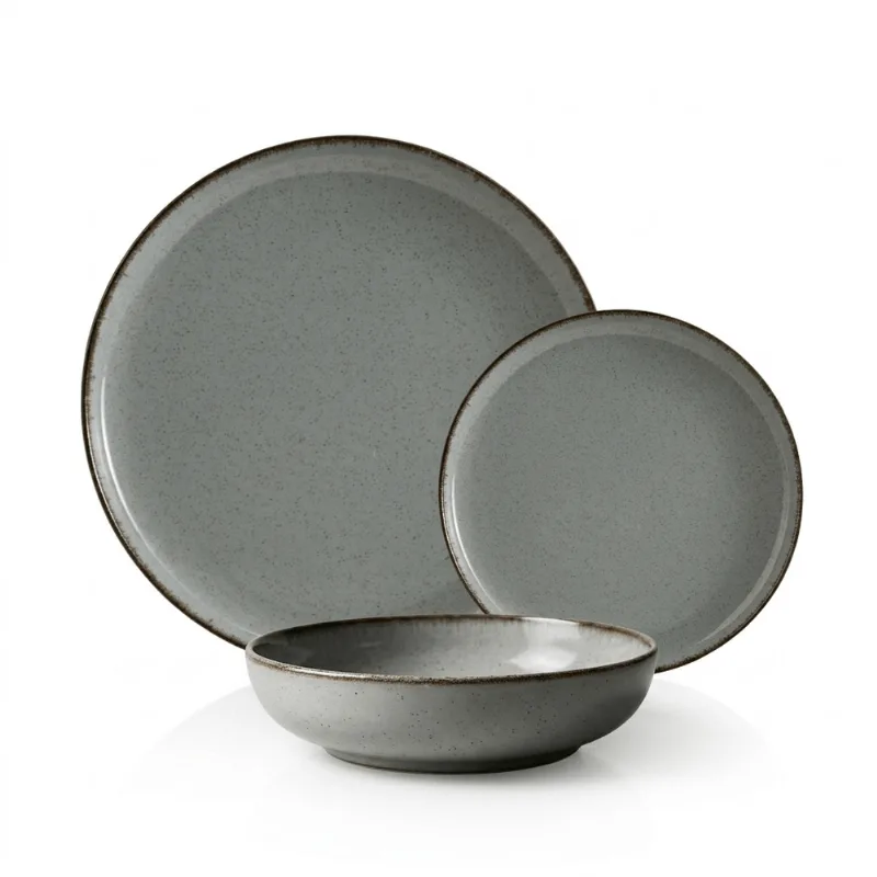 Set Vajilla 12 Piezas Plato Playo Postre Hondo Bowl Filo Envejecido Gris