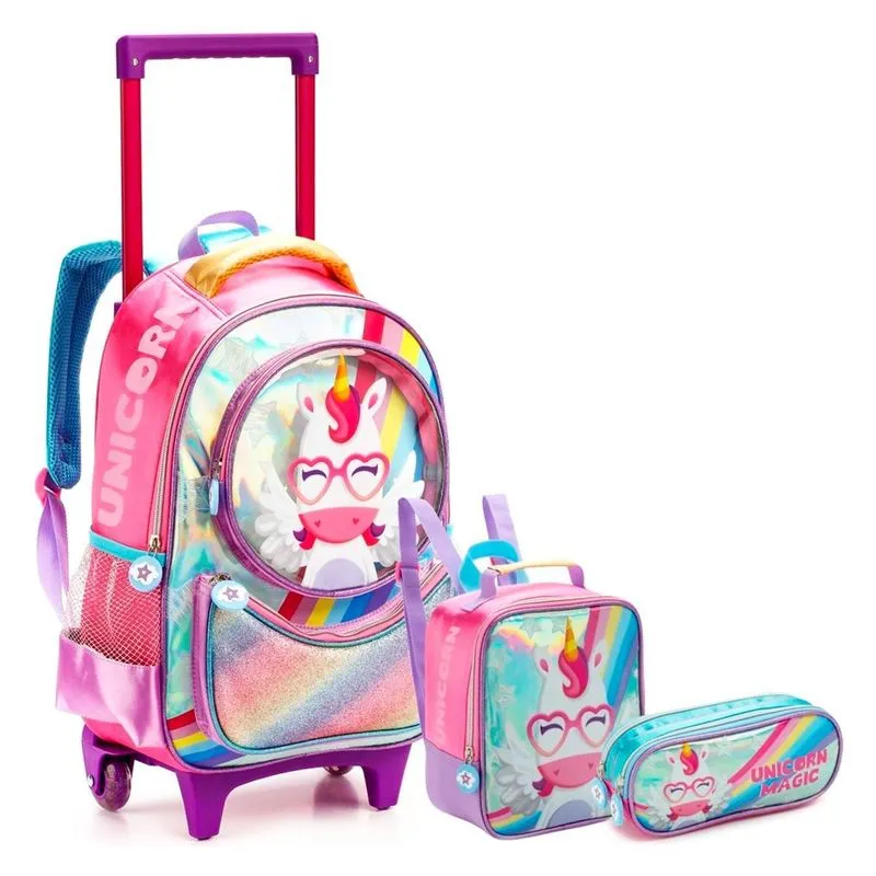 Kit Mochila De Rodinhas Infantil Magic Unicórnio Glitter
