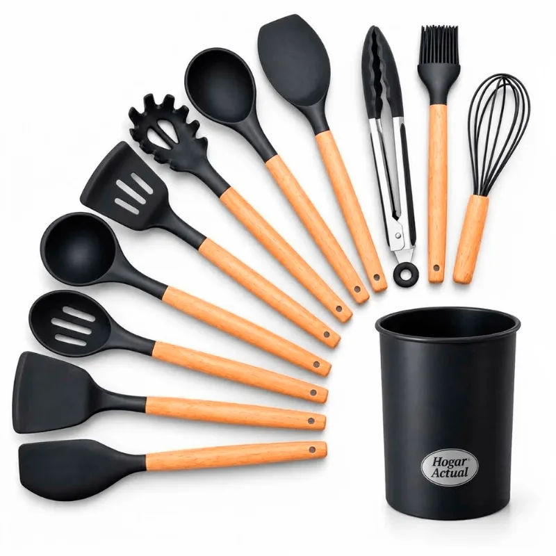 Set Utensilios P/Cocina Hogar Actual 12 Pzs Silicona Madera