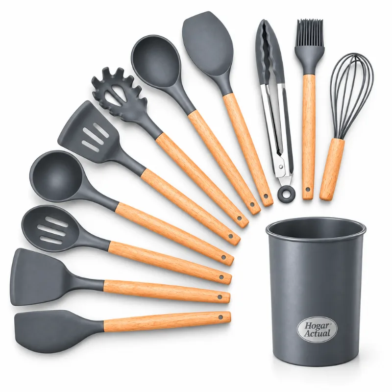 Set Utensilios P/Cocina Hogar Actual 12 Pzs Silicona Madera