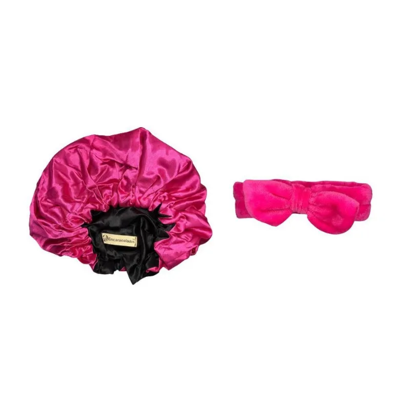 Kit Touca Cetim Anti Frizz Dormir + Faixa Laço Maquiagem