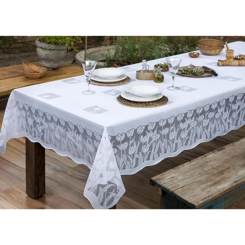Toalha de mesa que não amassa 4L 1,60 x 1,60m renda tulipa