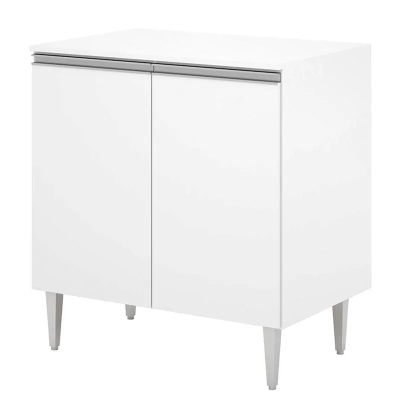 Balcão 2 Portas Milla Com Tampo Em Madeira Branco Branco Puxador Aluminio