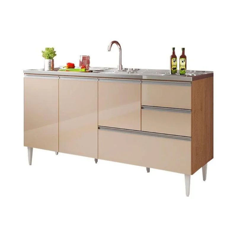 Balcão Maceió para Pia 3 Portas 3 Gavetas MDF-MDP 148CM Amêndoa Off White Milani Conceal