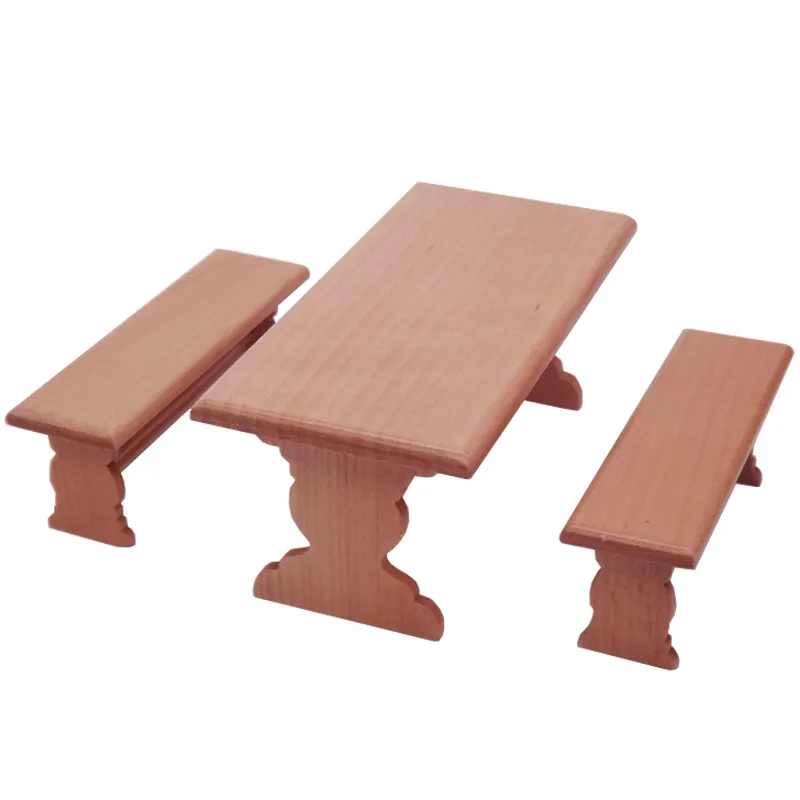 Conjunto De Jantar Em Miniatura Dollhouse, Mesa De Madeira Com 2 Bancos