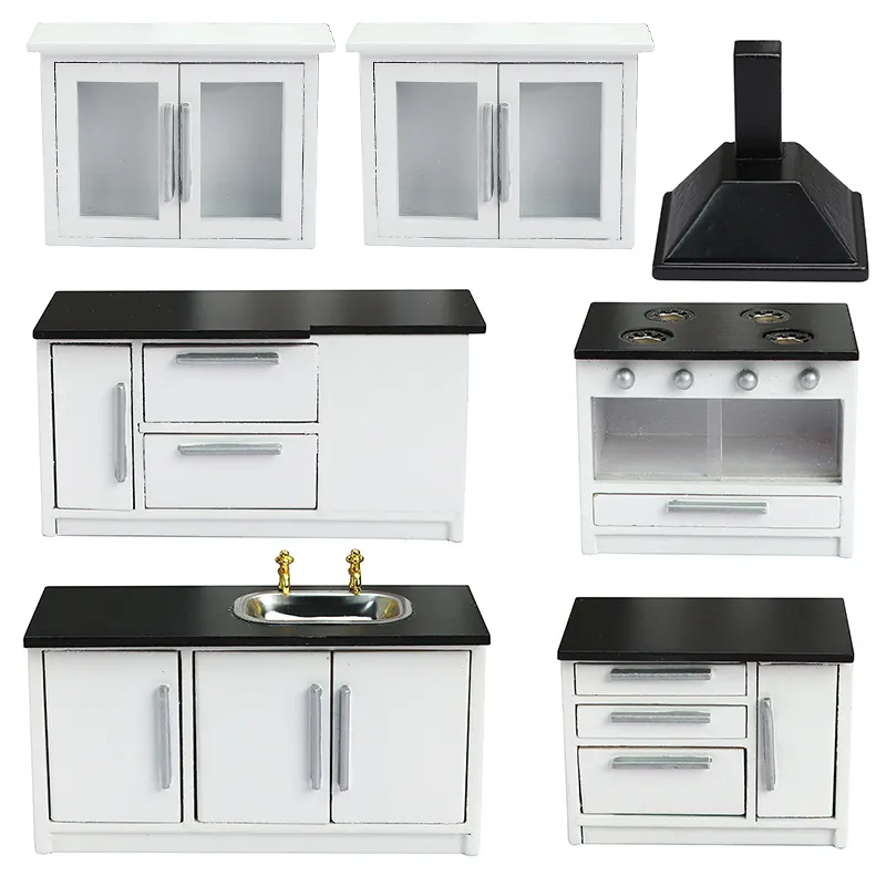 Conjunto De Cozinha Dollhouse Em Miniatura De Madeira Em Escala 1:12 De 7 Peças