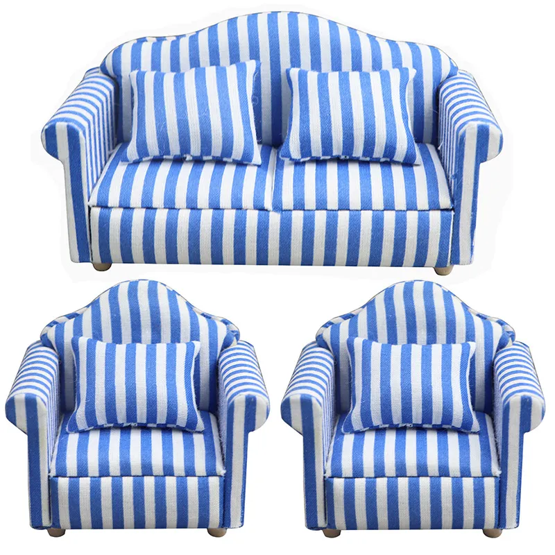 Conjunto De Sofás Listrados Azuis Em Miniatura Dollhouse Furniture Em Escala 1:12