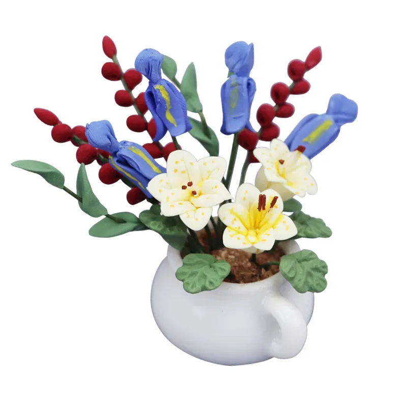 Vaso De Flores De Casa De Bonecas Em Miniatura Com Flores Mistas De Resina Em Escala 1:12