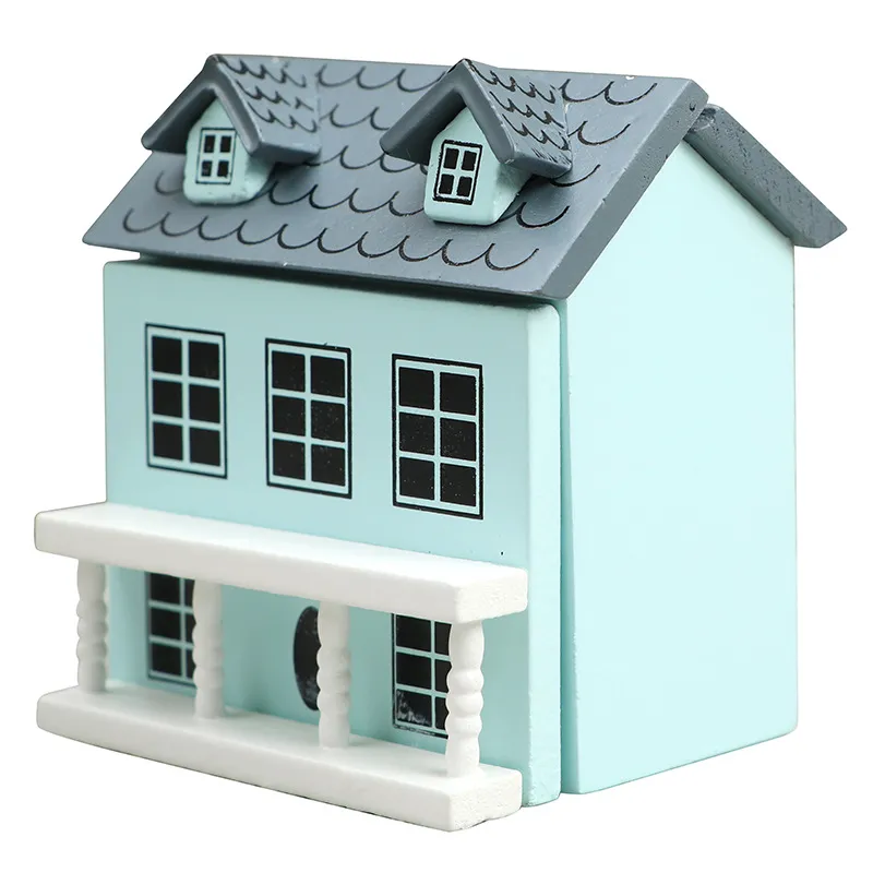 Mobiliário De Casa De Boneca Casa De Vila Azul De Madeira Em Miniatura